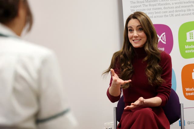 Kate talking with members of staff during her visit to the Royal Marsden Hospital 