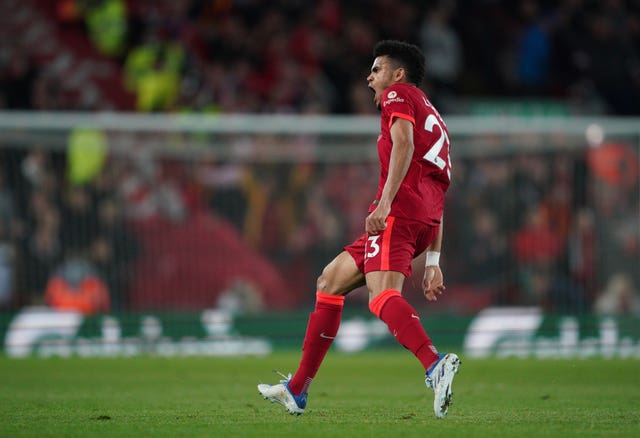 Liverpool’s Luis Diaz celebrates the equaliser 