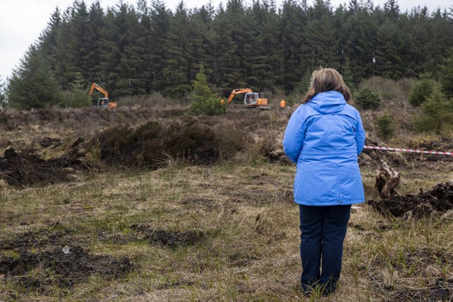 Columba McVeigh's sister Dympna Kerr at Bragan bog near Emyvale in Co Monaghan during a search for the teenager's remains in 2023