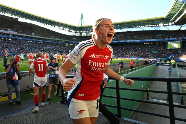 Arsenal’s Chloe Kelly celebrates victory in the UEFA Women’s Champions League final at Estadio Jose Alvalade, in Lisbon, Portugal. 