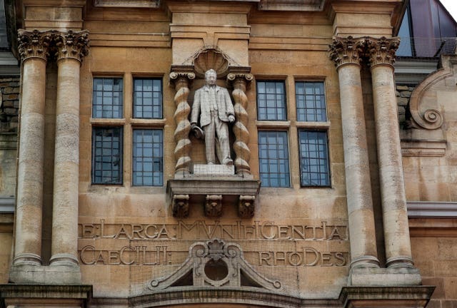 The controversial statue of colonialist Cecil Rhodes at Oriel College, University of Oxford (Steve Parsons/PA)