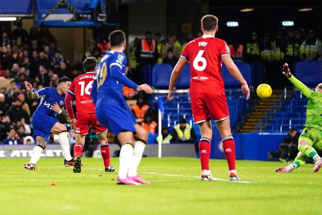 Enzo Fernandez, left, scores Chelsea’s second goal