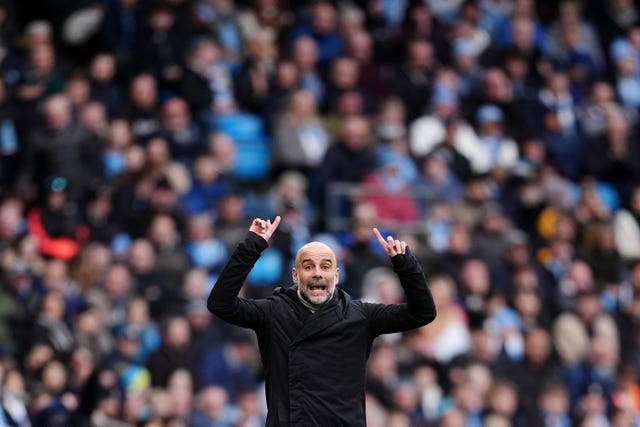 Manchester City manager Pep Guardiola gestures on the touchline during his side's home Premier League game against Brighton