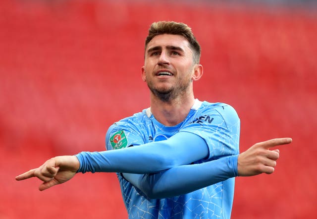 Manchester City’s Aymeric Laporte celebrates after opening the scoring at Wembley