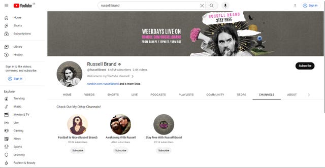 Screen grab of Russell Brand’s YouTube channel as the Google-owned company suspended the monetisation of Brand’s channel for 'violating our Creator Responsibility policy'