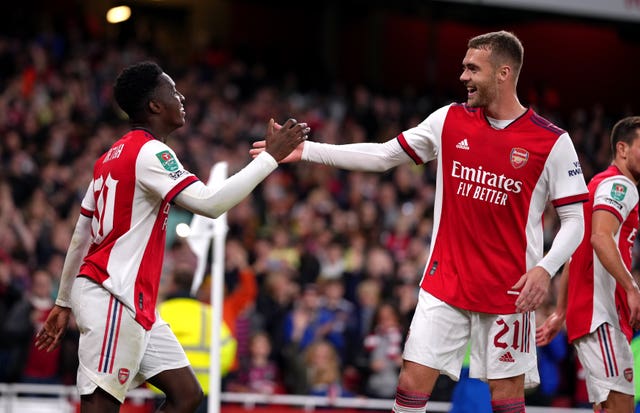 Arsenal’s Eddie Nketiah celebrates scoring in a 2-0 win at Leicester 