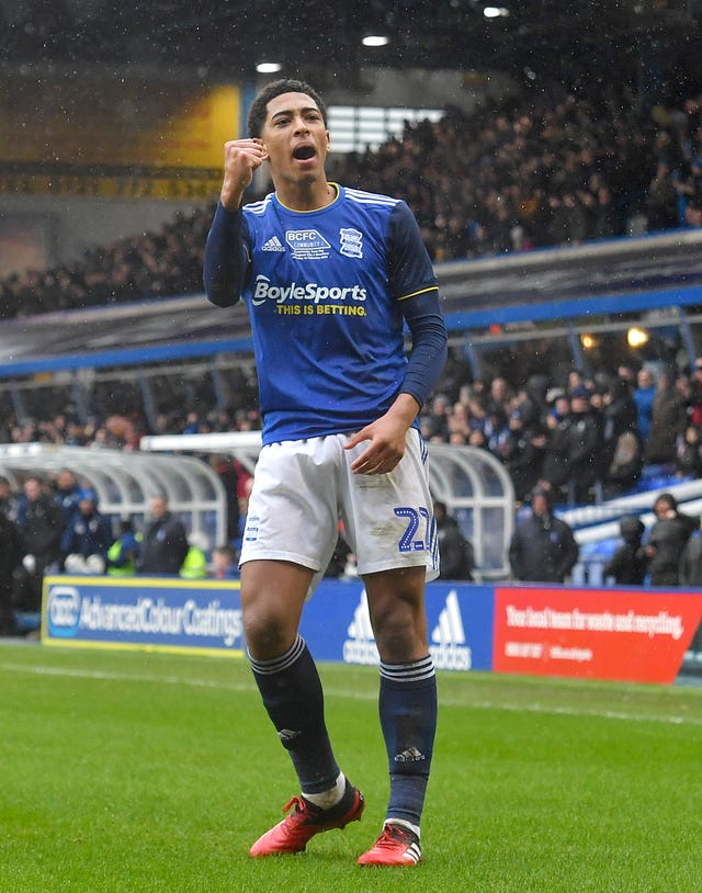 Jude Bellingham celebrates a Birmingham goal.