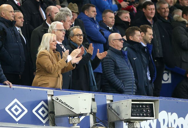 Everton chairman Bill Kenwright and chief executive Denise Barrett-Baxendale with owner Farhad Moshiri