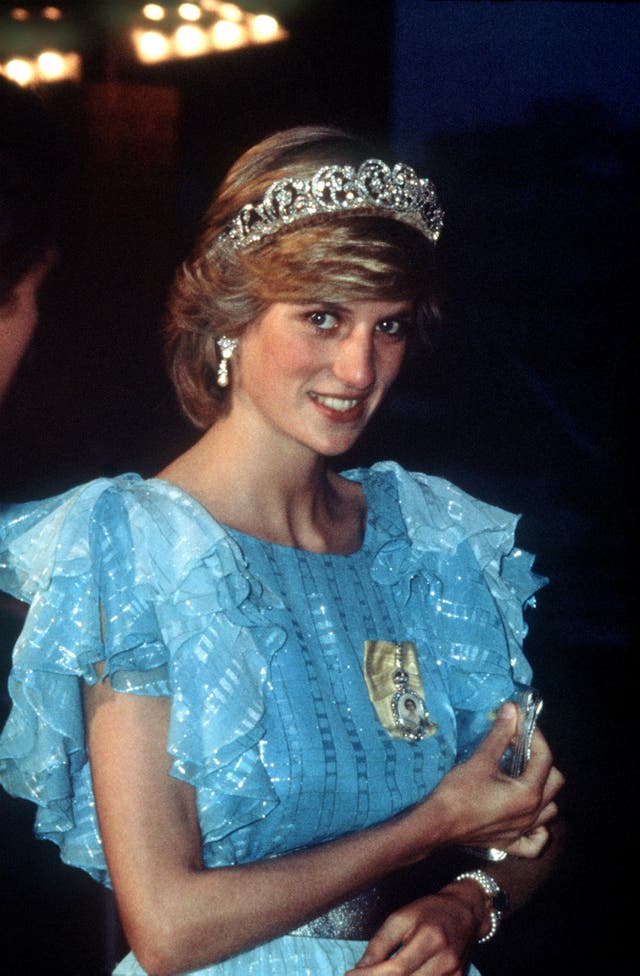 The Princess of Wales wearing the Spencer family tiara at a state dinner in Saint John, New Brunswick, in 1983
