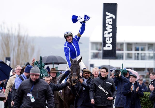 Paul Townend celebrates victory with Energumene at the Cheltenham Festival