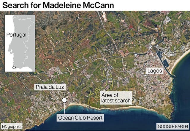 Map showing the search for Madeleine McCann