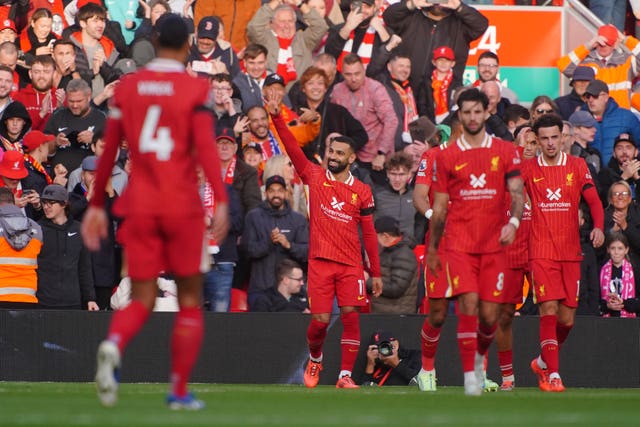 Mohamed Salah celebrates scoring Liverpool''s opener