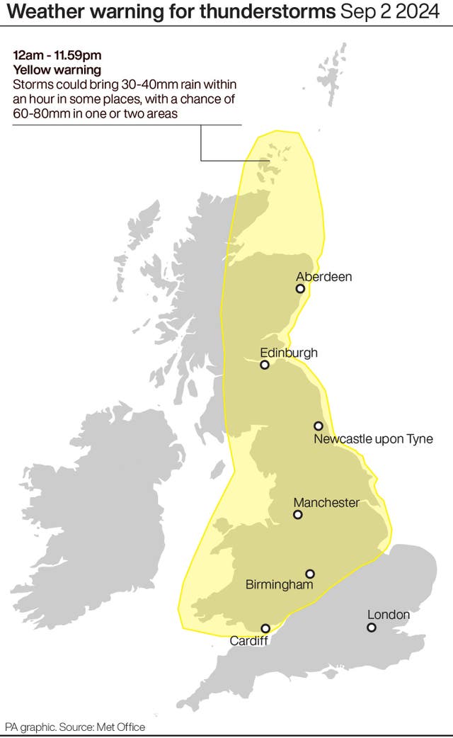 PA graphic showing a yellow weather warning for thunderstorms covering much of the UK until the end of Monday