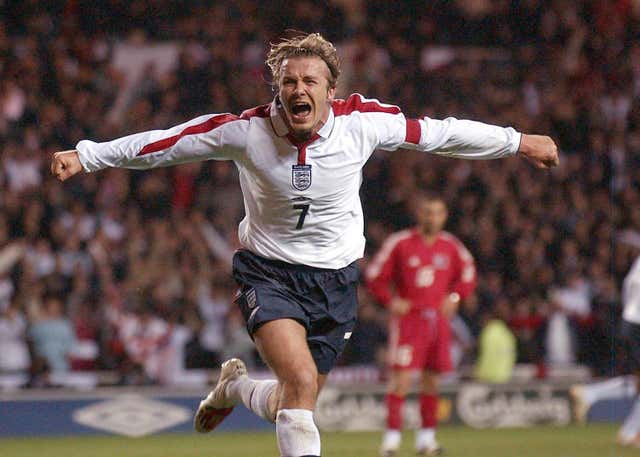 England captain David Beckham celebrates a goal in 2003