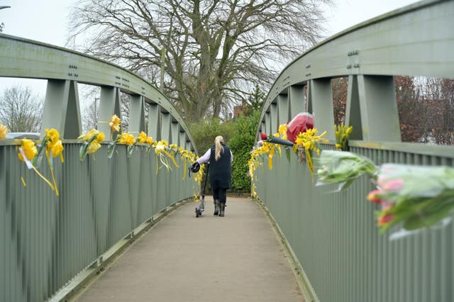 Flowers, and ribbons on a bridge over the River Wyre in St Michael’s on Wyre, Lancashire where Nicola Bulley's body was found 
