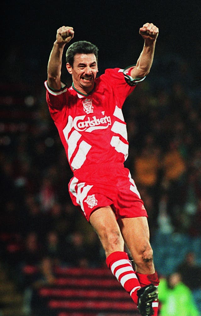 Ian Rush celebrates after scoring for Liverpool against Wimbledon