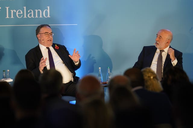 Bank of England governor Andrew Bailey, left, and governor of the Central Bank of Ireland Gabriel Makhlouf speaking at the Central Bank of Ireland Financial System Conference at the Aviva Stadium in Dublin