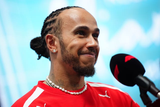 Ferrari driver Lewis Hamilton speaks to the media at the Miami International Autodrome