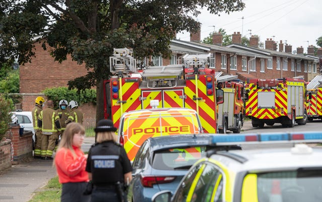 Emergency services at a flat on Oxford Avenue in Gorleston-on-Sea, Norfolk after the bodies of a man and a woman were discovered in the property