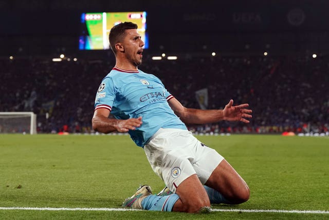 Rodri celebrates scoring during the Champions League final