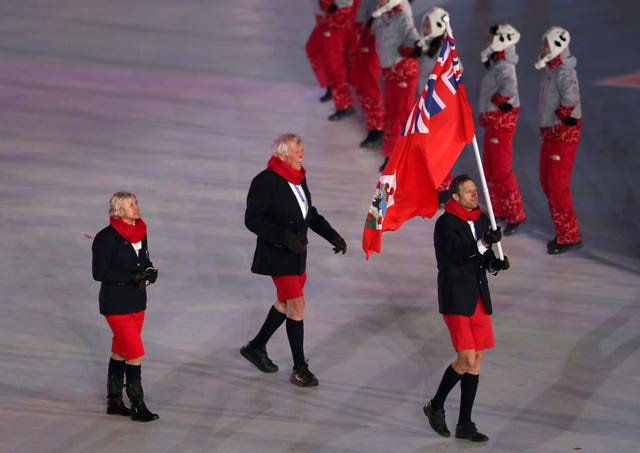 Team Bermuda arrive at the opening ceremony of the 2018 Winter Olympic Games in Pyeongchang