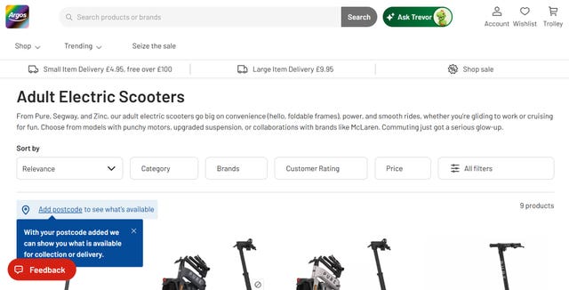 Undated screen grab taken from Argos website of electric scooters for sale