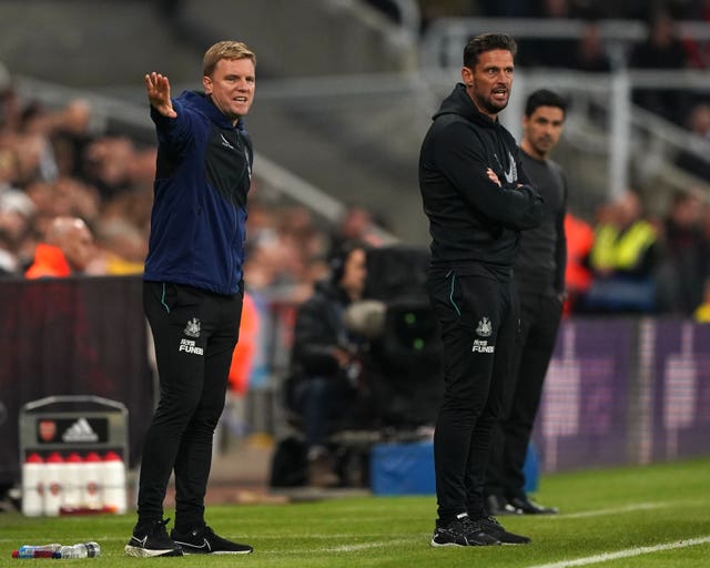 Newcastle head coach Eddie Howe (left) and assistant Jason Tindall on the touchline during the Premier League clash with Arsenal