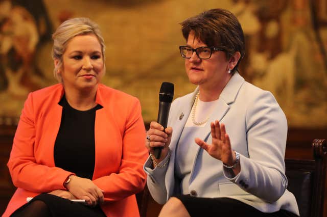 DUP leader Arlene Foster and Sinn Fein’s Northern Ireland leader Michelle O’Neill (Owen Humphreys/PA)