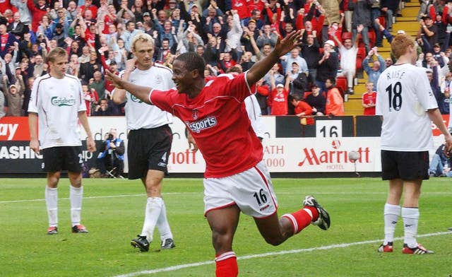 Kevin Lisbie celebrates scoring for Charlton against Liverpool