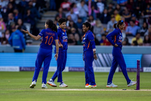 India�s Deepti Sharma (centre right) after running out England�s Charlie Dean (not in picture) during the third women’s one day international match at Lord’s, London. Picture date: Saturday September 24, 2022.