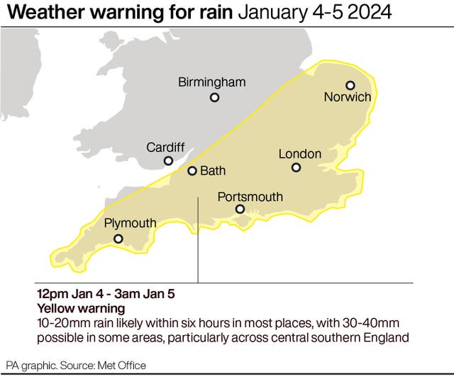 Weather warning for rain January 4-5 2024