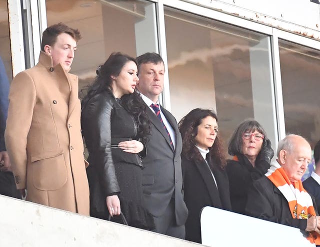 Blackpool chairman Karl Oyston, pictured centre. at the Jimmy Armfield tribute