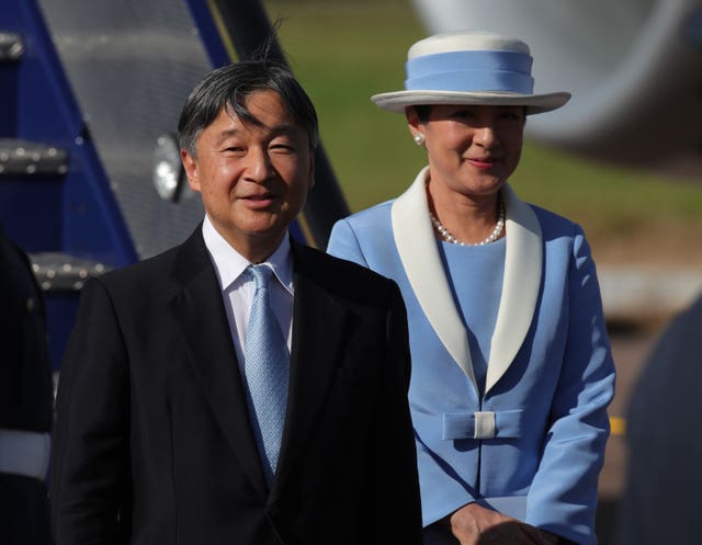 Emperor Naruhito and Empress Masako of Japan arrive at Stansted Airport in Essex ahead of their state visit to the UK.