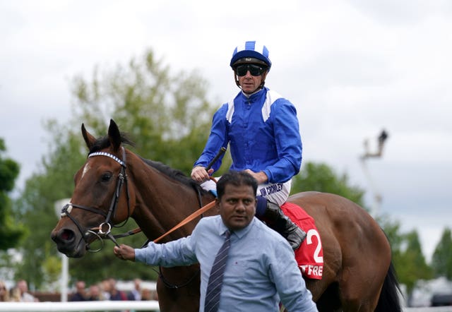 Jim Crowley on board Falakeyah after winning the Betfred Pretty Polly Stakes