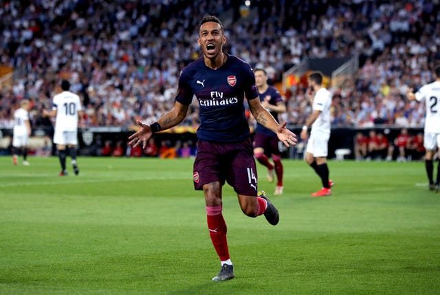 Arsenal’s Pierre-Emerick Aubameyang celebrates scoring his side’s first goal against Valencia