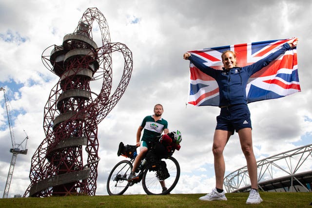 Team GB fan Jamie Ramsay is joined by double Olympic champion Helen Glover as he starts his 80-day 10,000km solo cycle around the UK