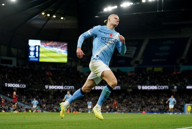 Haaland celebrates after scoring Manchester City's second goal against Bournemouth on Sunday 