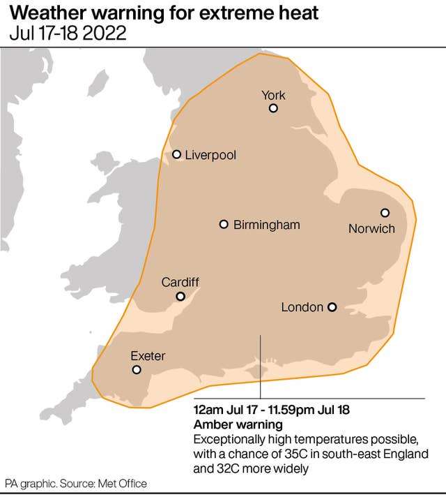 Area covered by weather warning for extreme heat Jul 17-18 2022 (PA Graphics)
