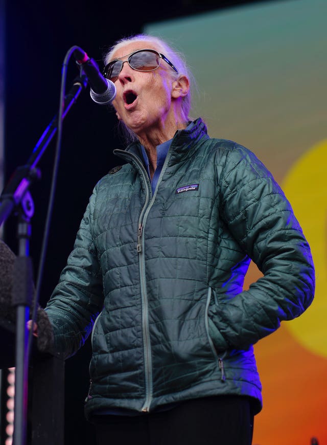 Dame Jane Goodall speaking at the Glastonbury Festival 2024