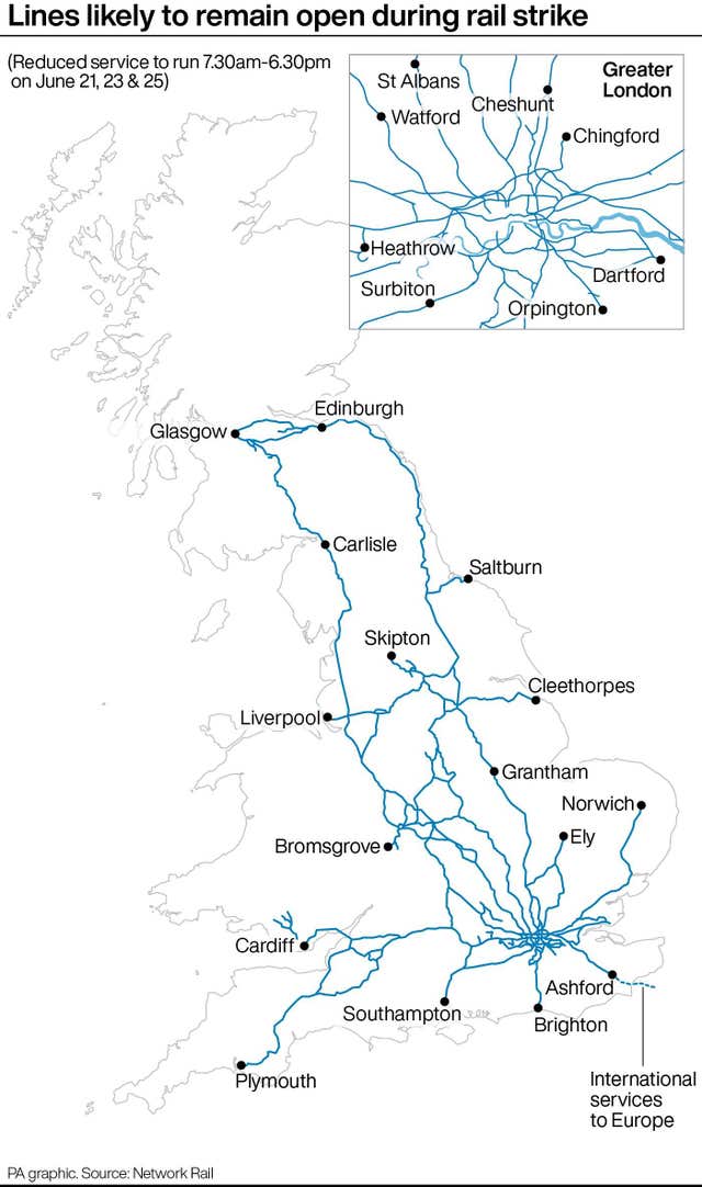 PA infographic showing lines likely to remain open during rail strike