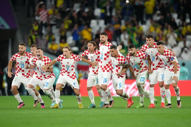 Croatia players celebrate after beating Brazil on penalties to reach the World Cup semi-final for the second time in four years
