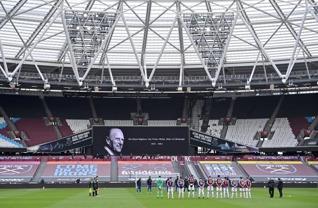 The London Stadium's screen displays a tribute to Prince Philip as West Ham and Leicester observe a two-minute silence