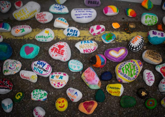Painted stones in support of Richard Ratcliffe, the husband of detained Nazanin Zaghari Ratcliffe, outside the Iranian Embassy in Knightsbridge, London
