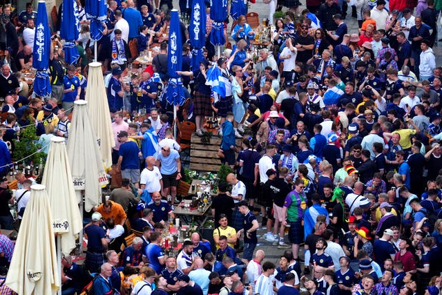 Scotland football fans congregated en masse in Marienplatz, Munich, in a sea of blue ahead of the start of Euro 2024