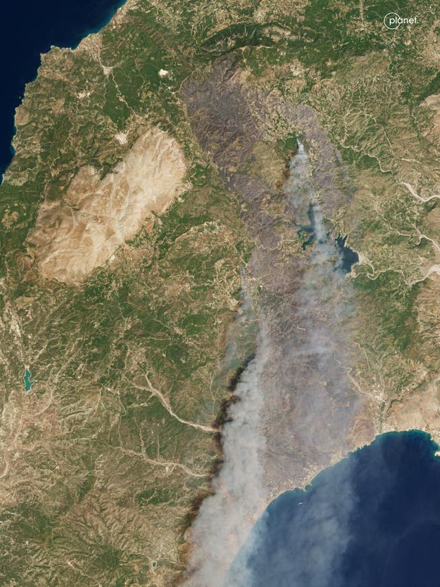 Satellite imagery of wildfires on the island of Rhodes in Greece