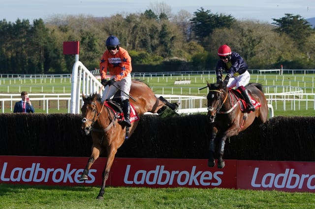 Bravemansgame (left) jumps the last before finishing third in the Punchestown Gold Cup 