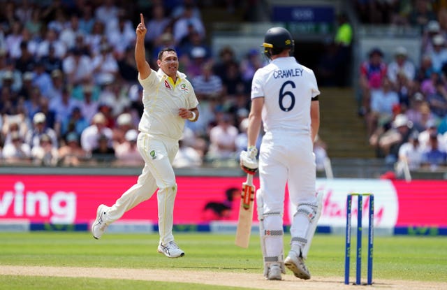 Scott Boland celebrates the dismissal of Zak Crawley