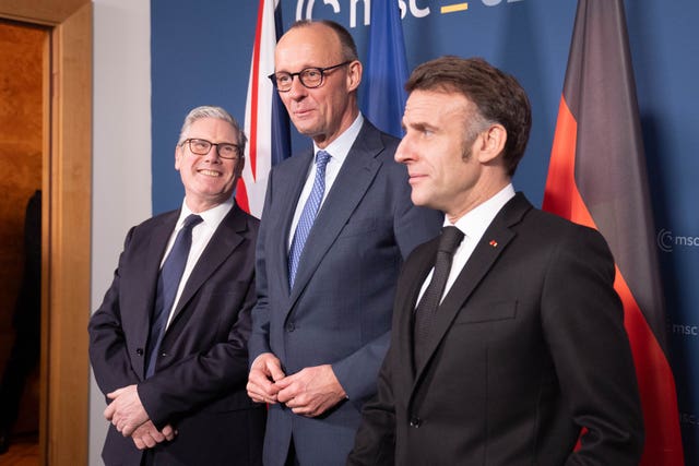 Prime Minister Sir Keir Starmer (left) attends a trilateral meeting with French President Emmanuel Macron (right) and German Chancellor Friedrich Merz at the Munich Security Conference in Germany