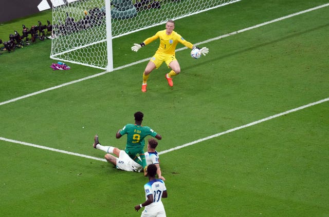 Jordan Pickford saves from Senegal’s Boulaye Dia