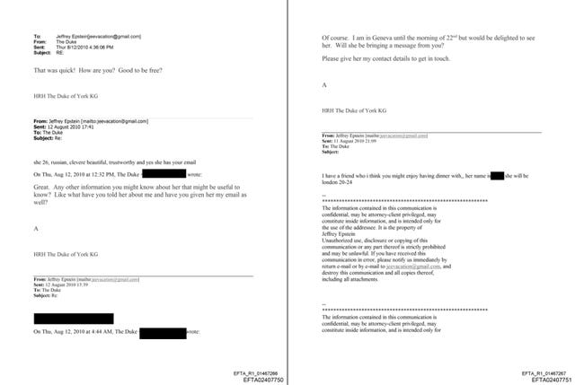 An apparent email exchange between Epstein and Andrew about the former duke meeting a 26-year-old Russian for dinner